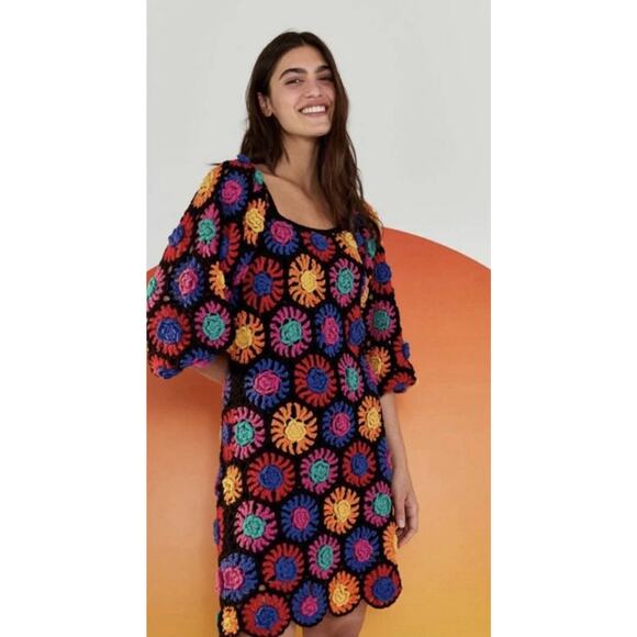 Farm Rio Crochet Knit Mini Dress Multicolor Floral Boho Festival Cotton S - Picture 2 of 12